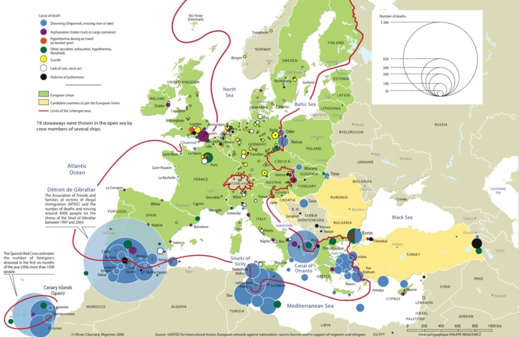 Карта смертей, вызванных пограничной политикой Европейского Союза © Olivier Clochard, Migrinter, 2006.